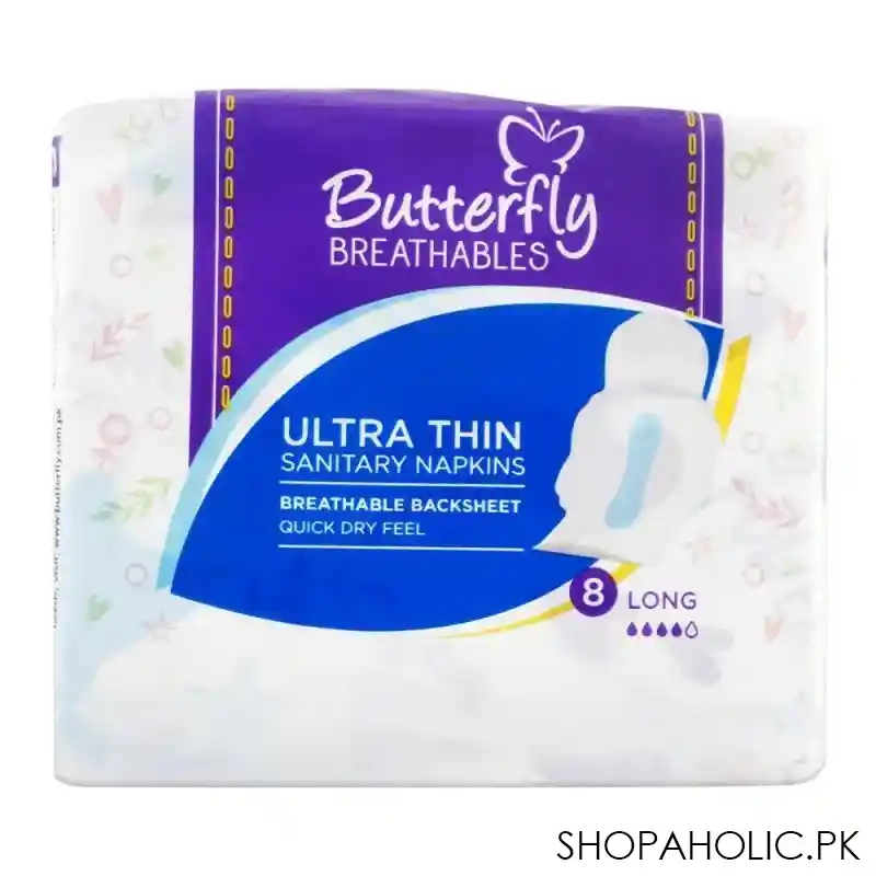 butterfly breathables ultra thin sanitary napkins, dry mesh topsheet, large, 8 pads main image