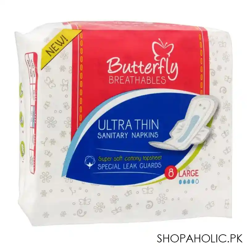 butterfly breathables ultra thin sanitary napkins, super soft cotton topsheet, large, 8 pads image2