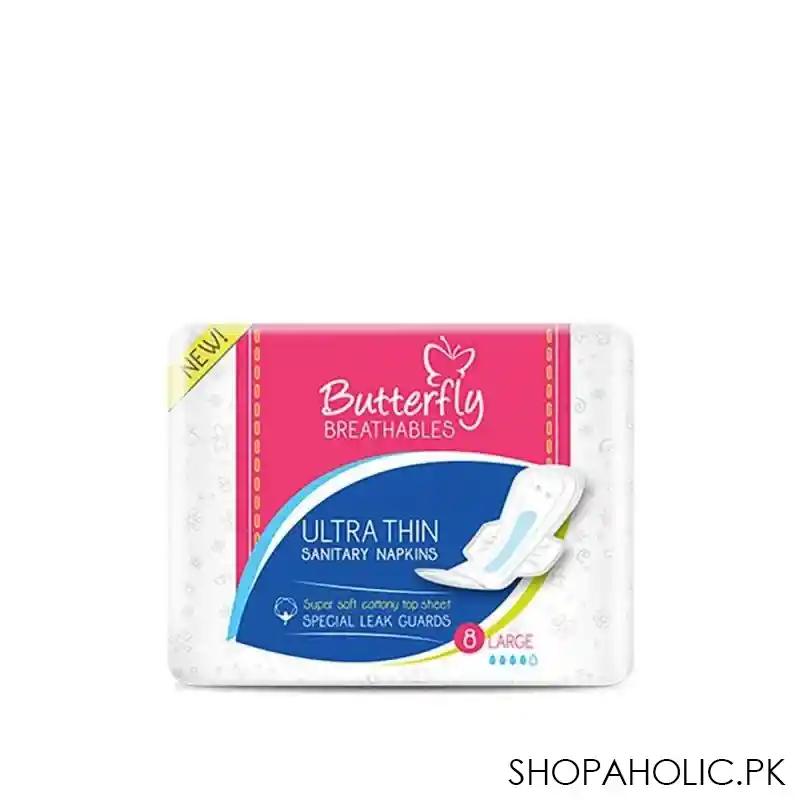 butterfly breathables ultra thin sanitary napkins, super soft cotton topsheet, large, 8 pads main image