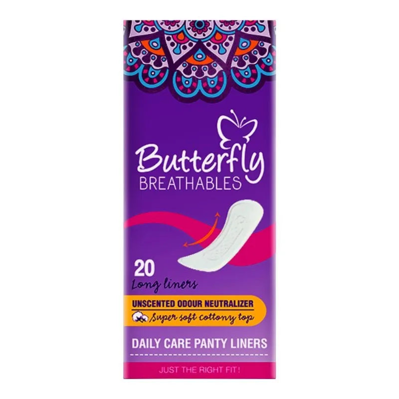 butterfly breathables unscented daily care panty liners, 20 long liners main image