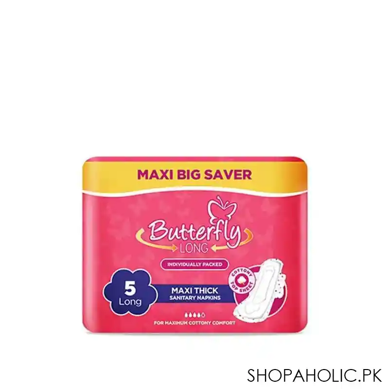 butterfly long maxi thick sanitary napkins, long, 5 pads, maxi big saver main image