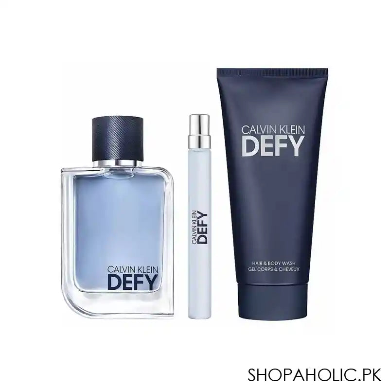 Calvin Klein Defy Gift Set, Eau De Toilette 100ml+Eau De Toilette 10ml Pocket Spray+Hair & Body Wash, For Men, 100ml - Main Image