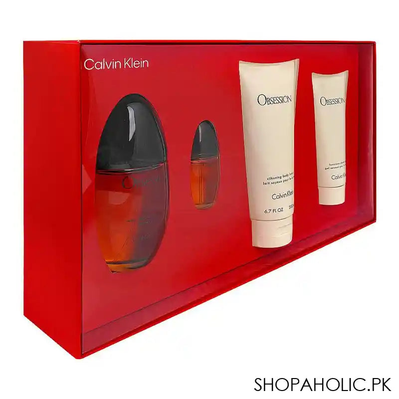 Calvin Klein Obsession Gift Set, For Women, Eau de Parfum 100ml + Purse Spray 15ml + Body Lotion 100ml + Body Wash 100ml - Main Image