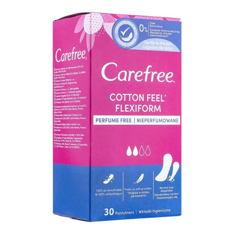 carefree cotton feel flexiform perfume free pantyliner, 30 pack main image