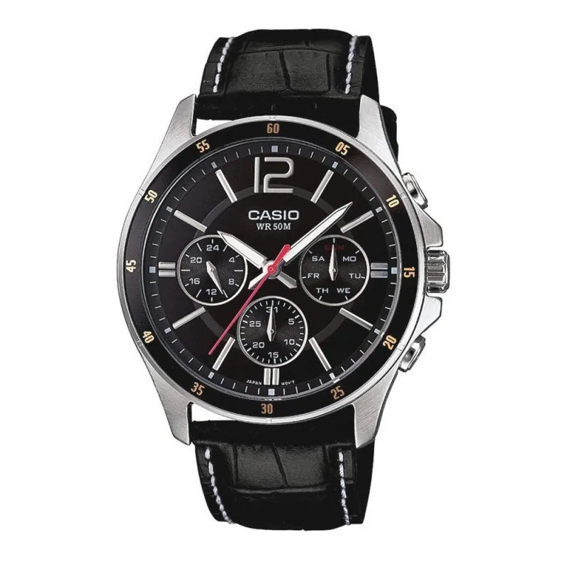 casio enticer chronograph black dial men's watch, leather strap, mtp 1374l 1avdf main image