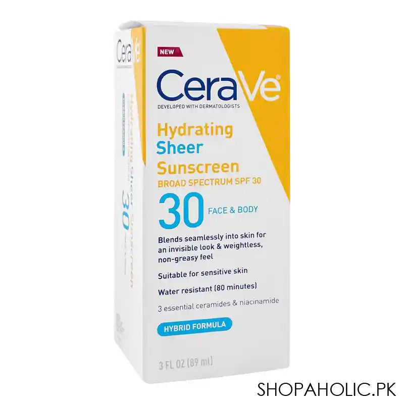 CeraVe Hydrating Sheer Sunscreen Broad Spectrum SPF-30 Face & Body, Suitable For Sensitive Skin, 89ml - Main Image