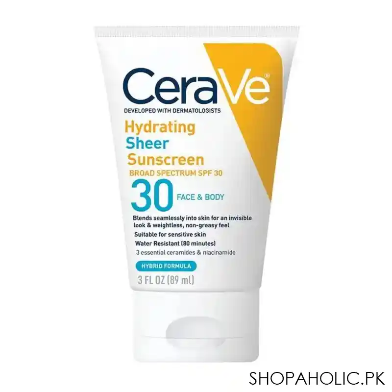 cerave hydrating sheer sunscreen broad spectrum spf 30 face & body, suitable for sensitive skin, 89ml main image