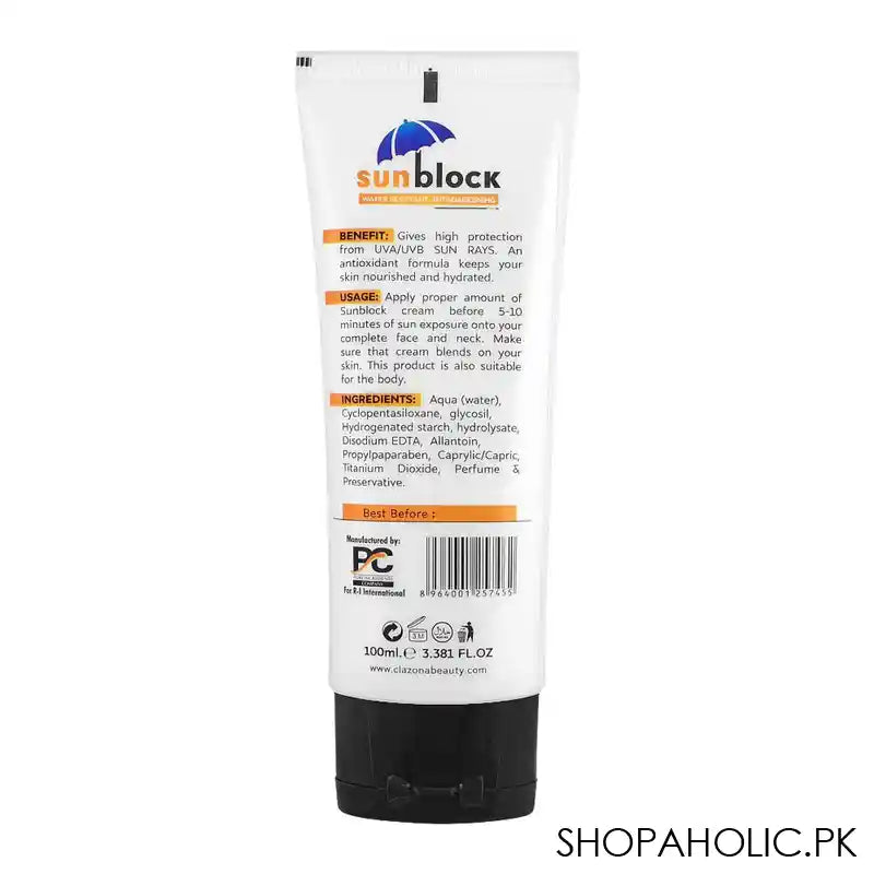 Clazona Beauty, Water Resistant Anti-Darkening, Sunblock, SPF-60+, 100ml - Image 2