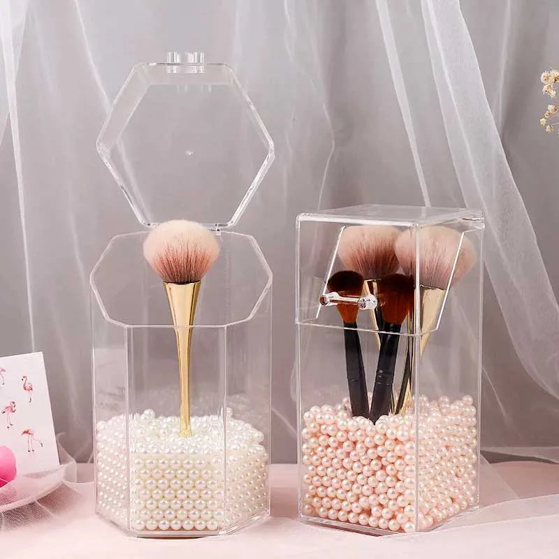 clear acrylic makeup brush holder dustproof organizer storage case with pearls image2