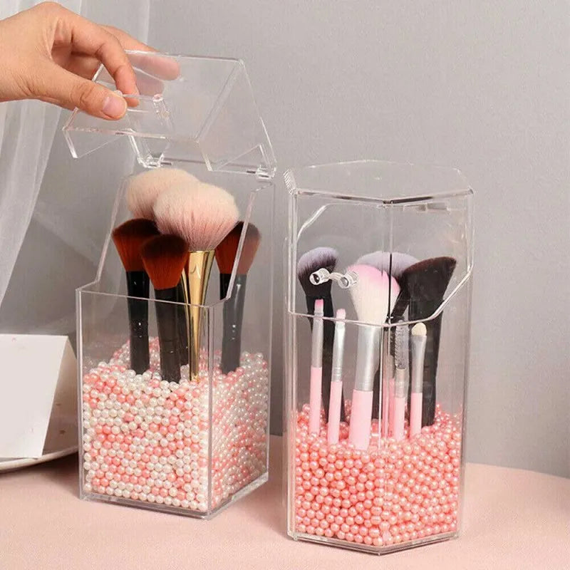 clear acrylic makeup brush holder dustproof organizer storage case with pearls image3