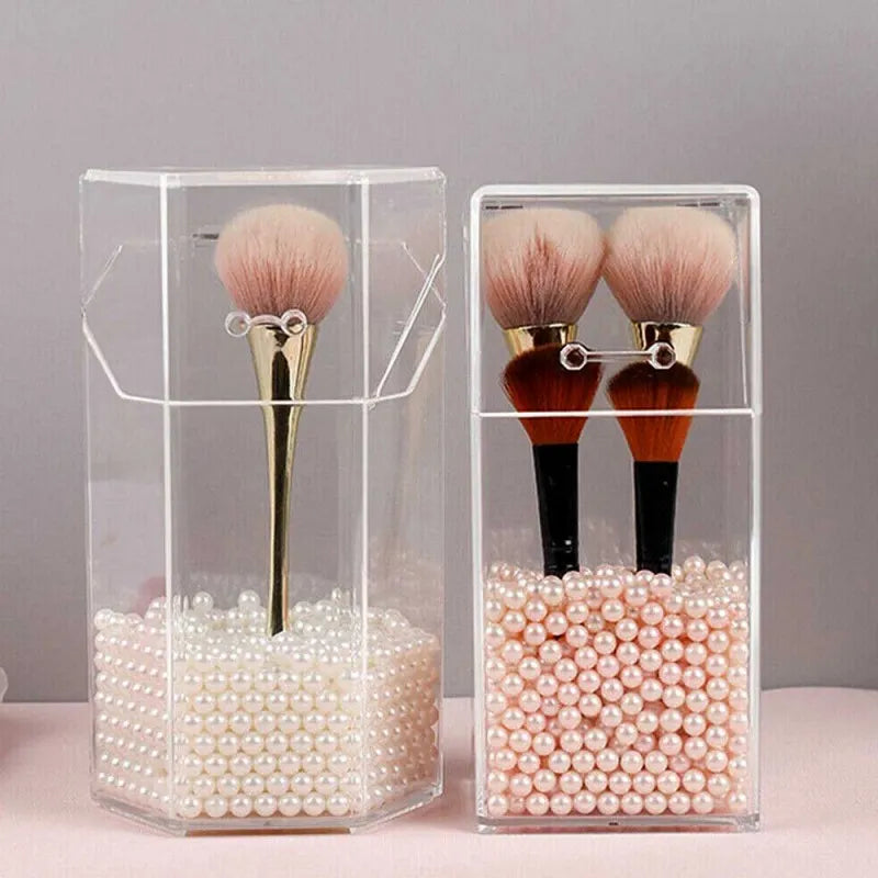 clear acrylic makeup brush holder dustproof organizer storage case with pearls image4