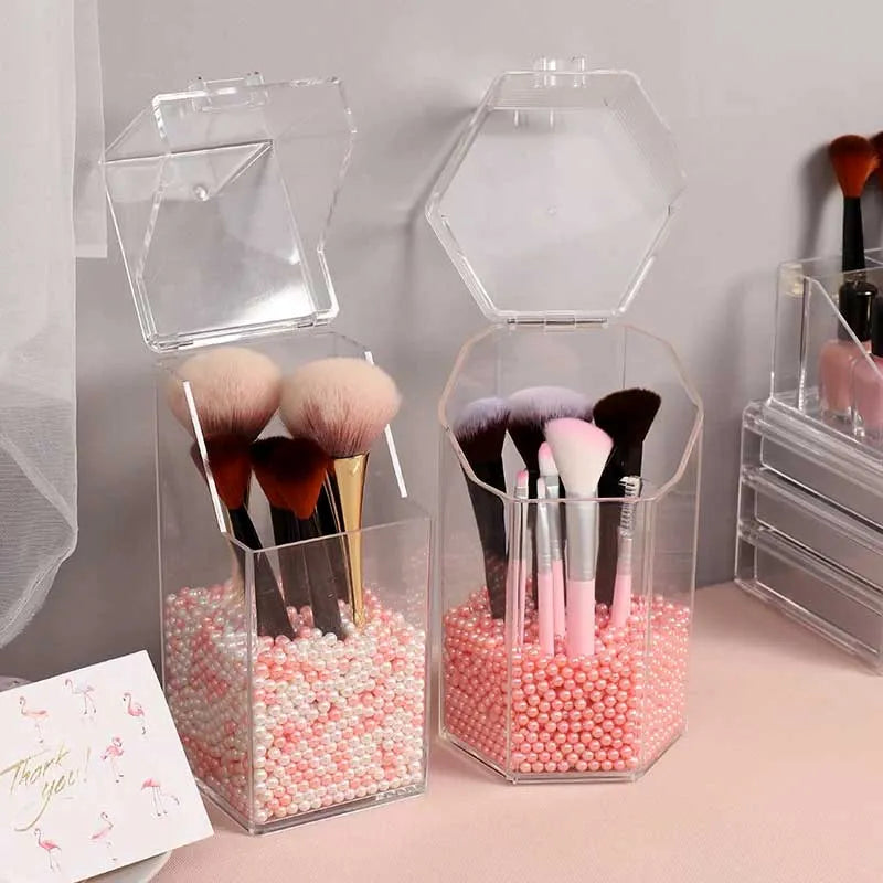 clear acrylic makeup brush holder dustproof organizer storage case with pearls main image