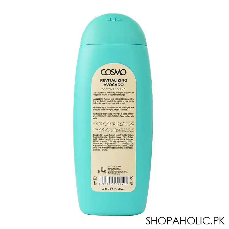 Cosmo Avocado Revitalizing Shampoo, Softens & Shine, 400ml - Image 2