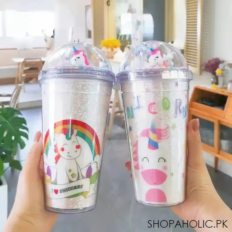 creative unicorn plastic cup with lid and straws image2