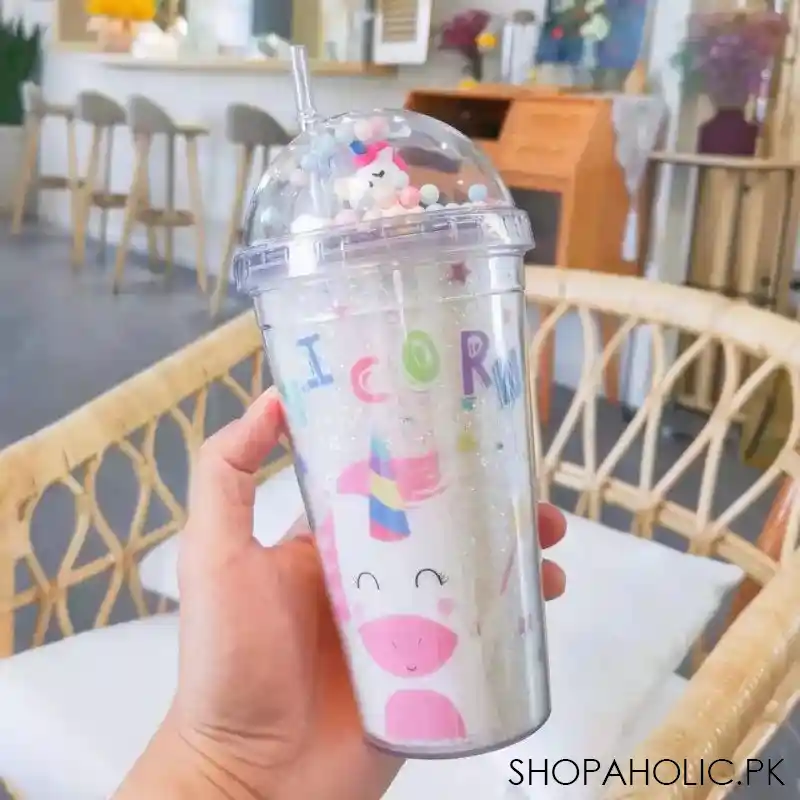 creative unicorn plastic cup with lid and straws image5