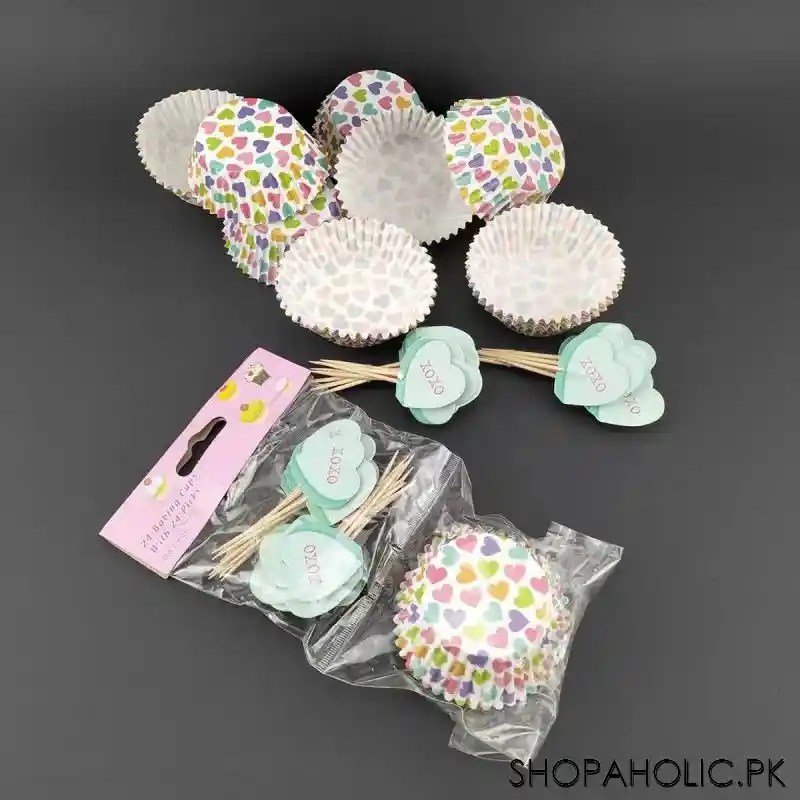 cupcake baking liners and heart topper picks (24 cups with 24 picks) image2