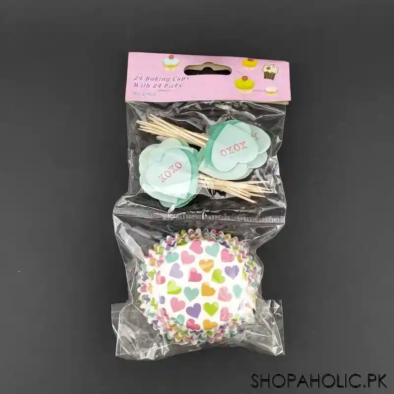 cupcake baking liners and heart topper picks (24 cups with 24 picks) main image