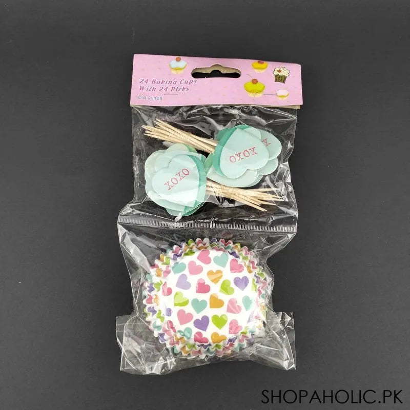 cupcake baking liners and heart topper picks (24 cups with 24 picks) main image