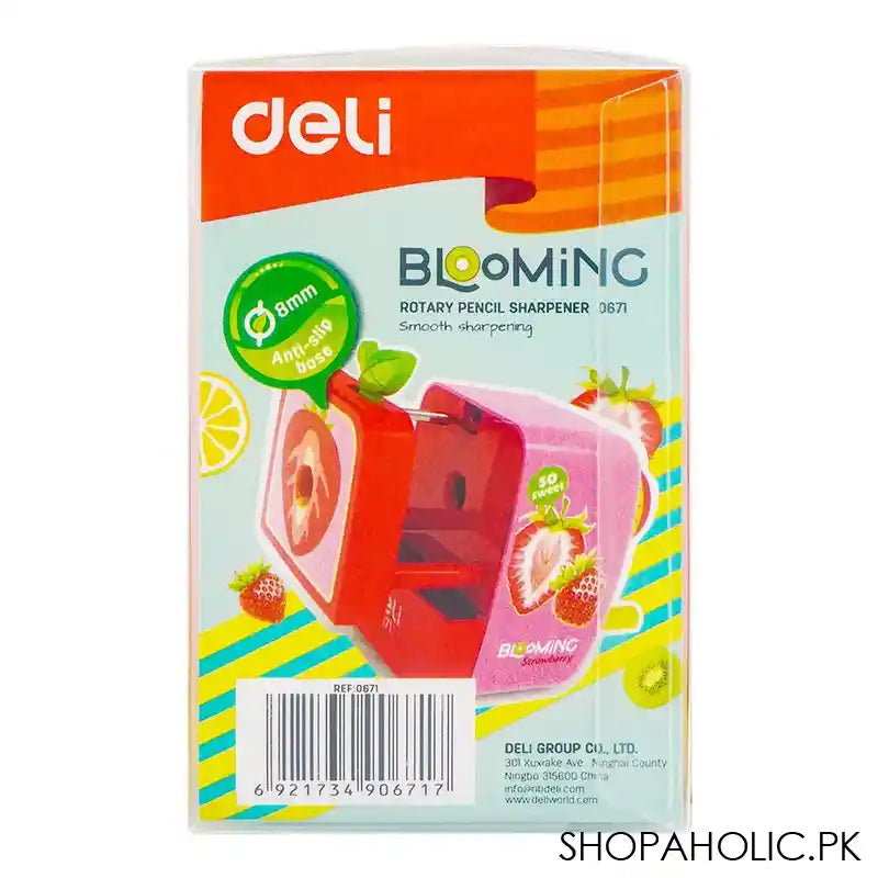 Deli Fruit Shape Rotary Pencil Sharpener, Anti Slip Base, 8mm Lead, Pink, E0671 - Image 3