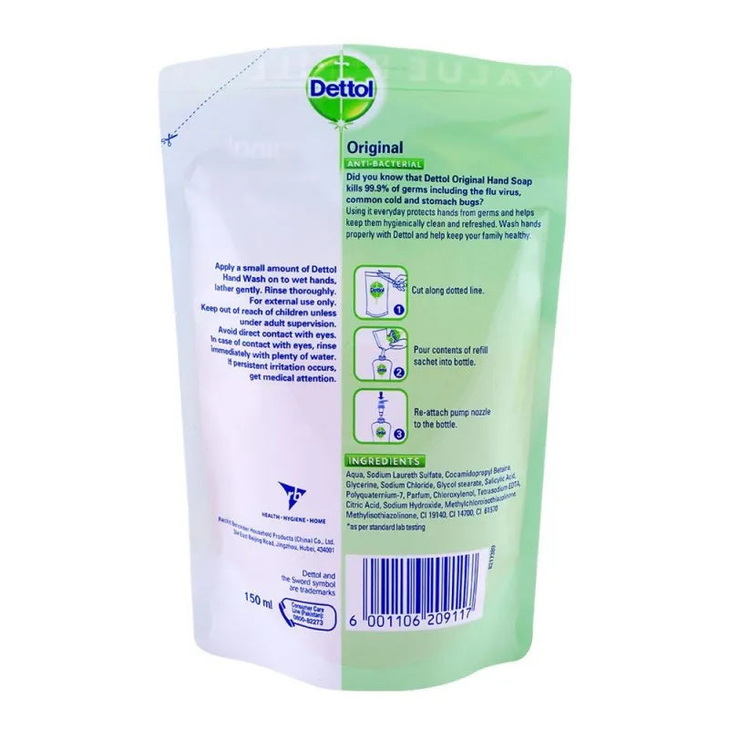 dettol original anti bacterial hand wash 150ml pouch refill image2