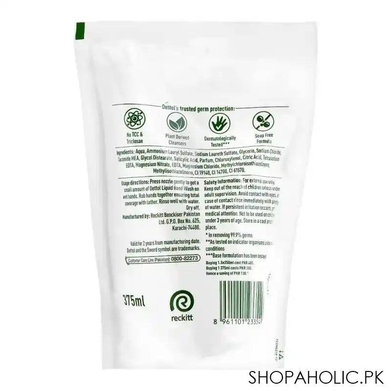 dettol original anti bacterial hand wash, pouch refill saver pack, 375ml image2