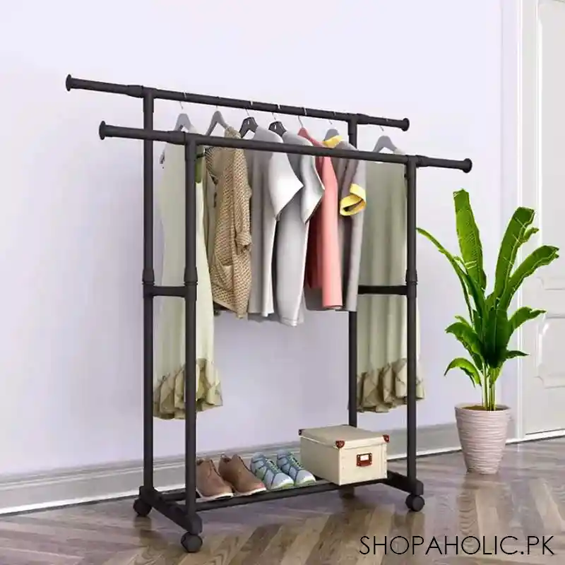 double rod portable rolling adjustable garment rack for hanging clothes main image