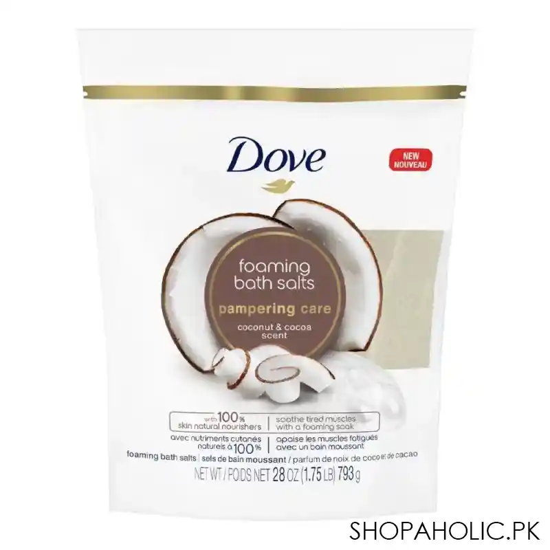 dove pampering care coconut & cocoa scent foaming bath salts, 793g main image