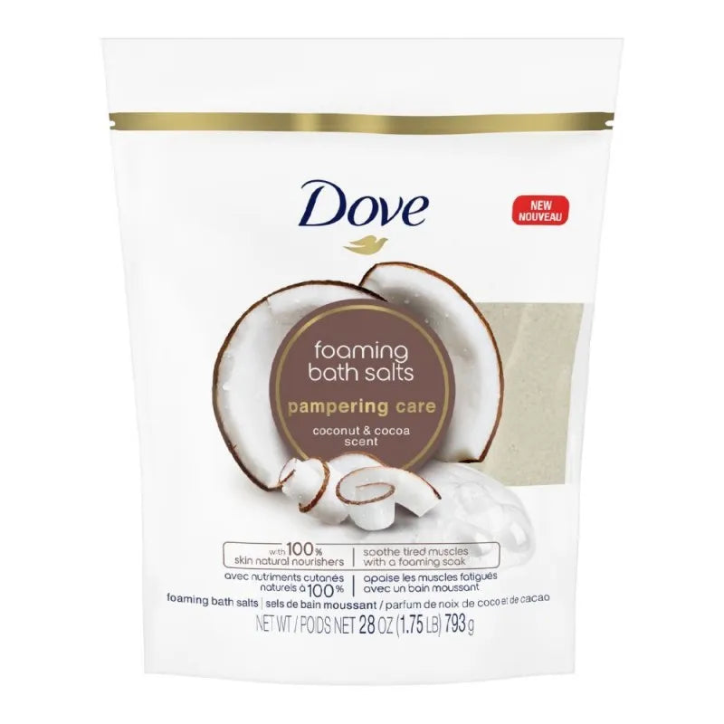 dove pampering care coconut & cocoa scent foaming bath salts, 793g main image