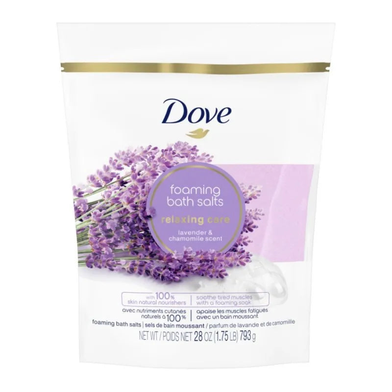 dove relaxing care lavender & chamomile scent foaming bath salts, 793g main image