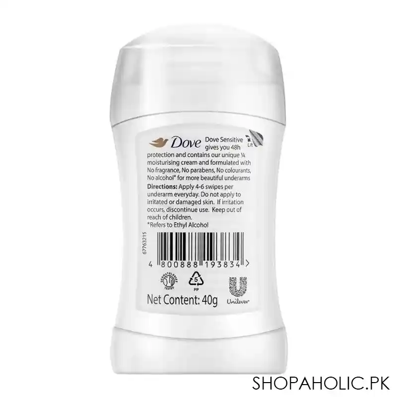 dove sensitive fragrance free anti perspirant deodorant stick, 40g image2