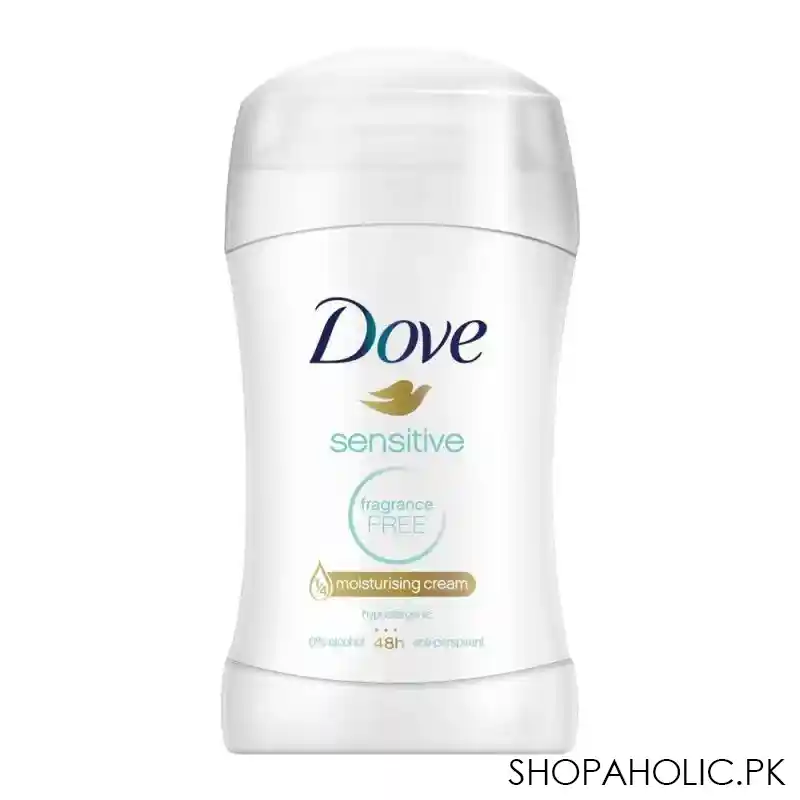 dove sensitive fragrance free anti perspirant deodorant stick, 40g main image