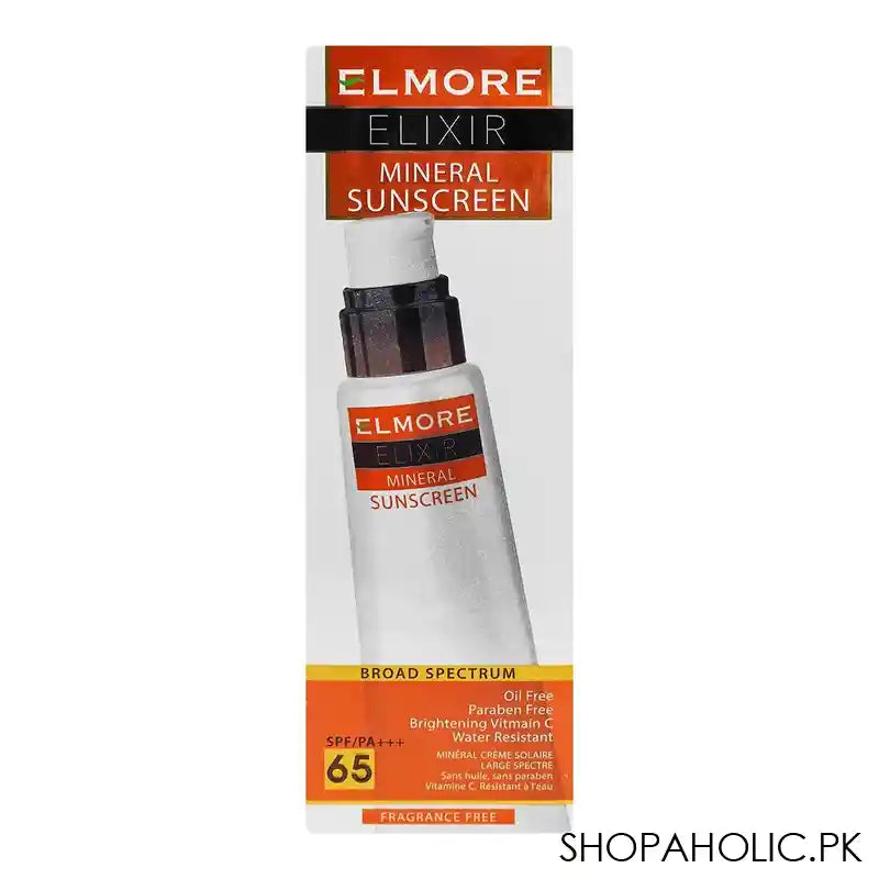 Elmore Elixir Mineral Sunscreen With Vitamin-C, Broad Spectrum, SPF-65, PA+++, Oil & Paraben Free, Water Resistant, 100ml - Main Image