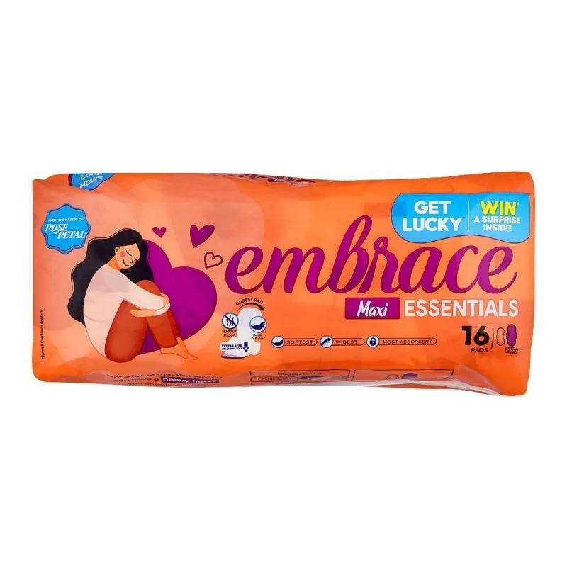 embrace essentials maxi pads, extra long, value pack, 16 pack main image