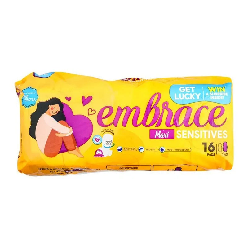 embrace sensitives maxi pads, extra long, 16 pack main image