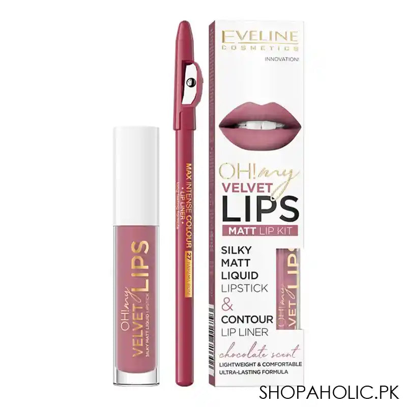 Eveline Oh! My Velvet Lips Silky Matt Liquid Lipstick & Contour Lip Liner, 13, Brownie Biscotti - Main Image