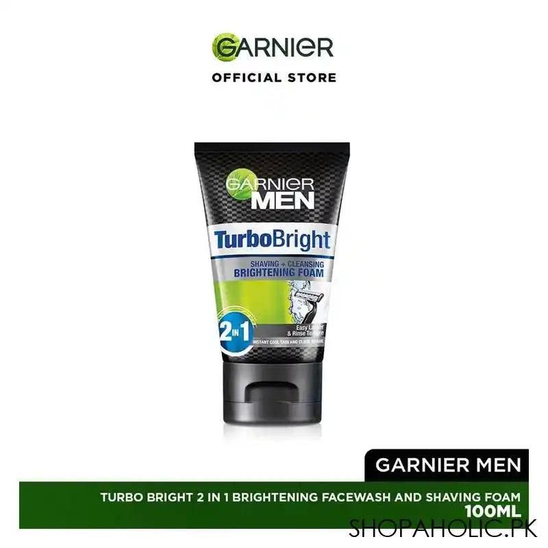 Garnier Men Turbo Bright 2-In-1 Brightening Face Wash & Shaving Foam, 100ml - Main Image