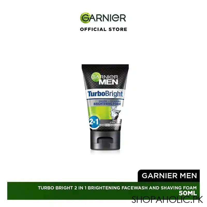 Garnier Men Turbo Bright 2-In-1 Fairness Face Wash & Shaving Foam, 50ml - Main Image