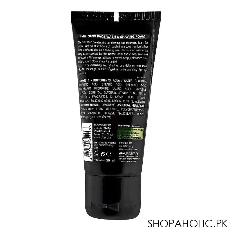 Garnier Men Turbo Bright 2-In-1 Fairness Face Wash & Shaving Foam, 50ml - Image 2