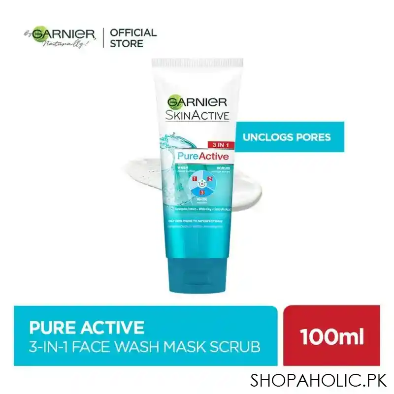 garnier skin active pure active 3 in 1 wash + scrub + mask, for oily skin, 100ml main image