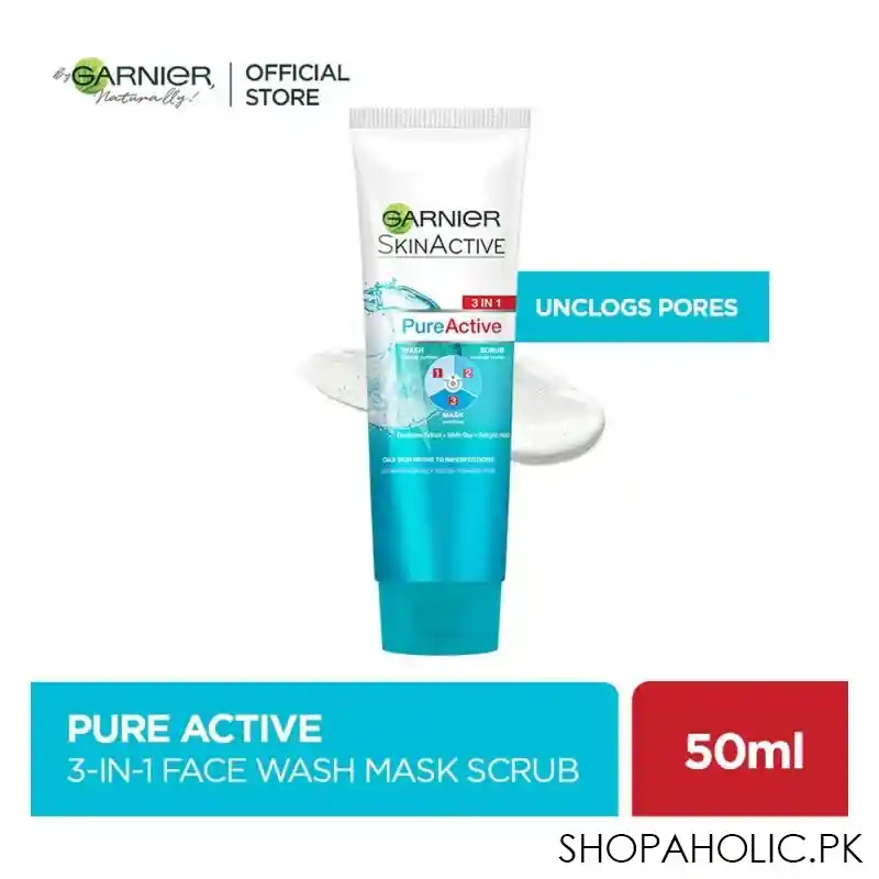 garnier skin active pure active 3 in 1 wash + scrub +mask, for oily skin, 50ml main image