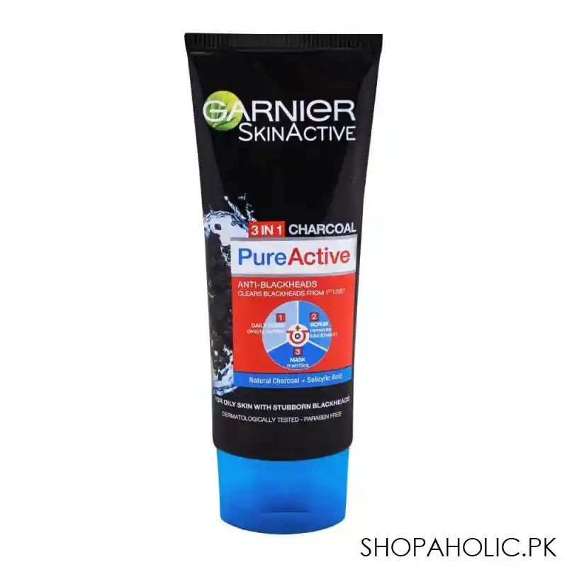 garnier skin active pure active anti blackheads 3 in 1 daily wash + scrub + mask, 100ml image2