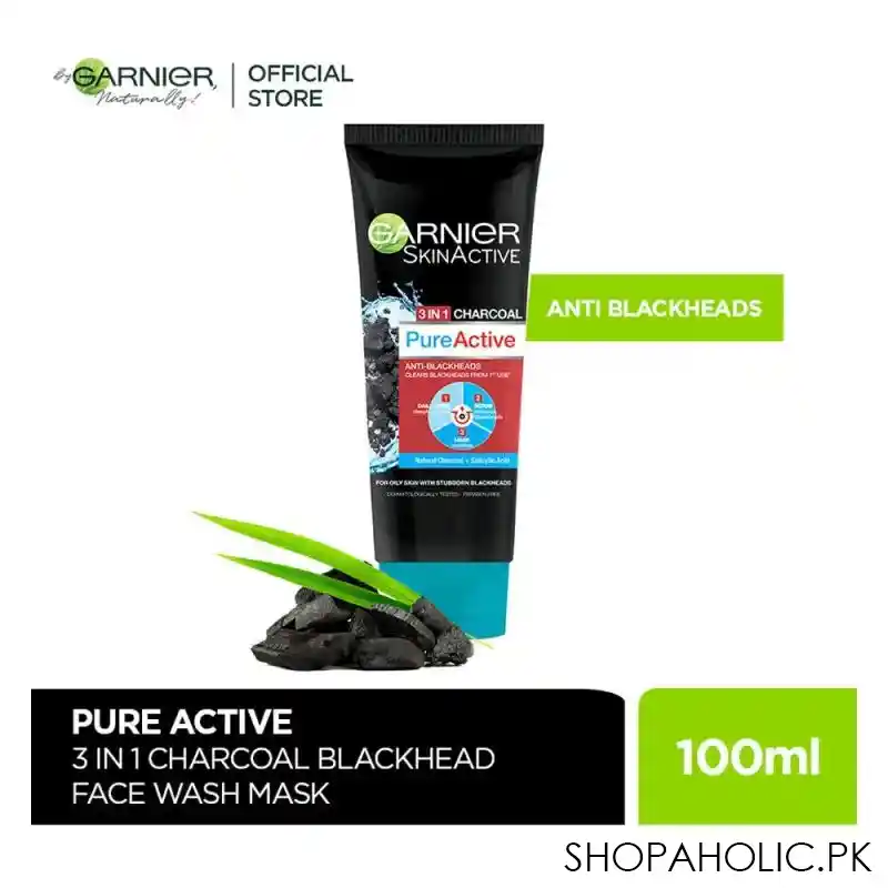 garnier skin active pure active anti blackheads 3 in 1 daily wash + scrub + mask, 100ml main image