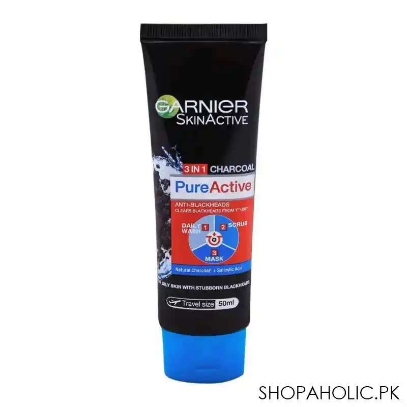 garnier skin active pure active anti blackheads 3 in 1 daily wash + scrub + mask, 50ml image2