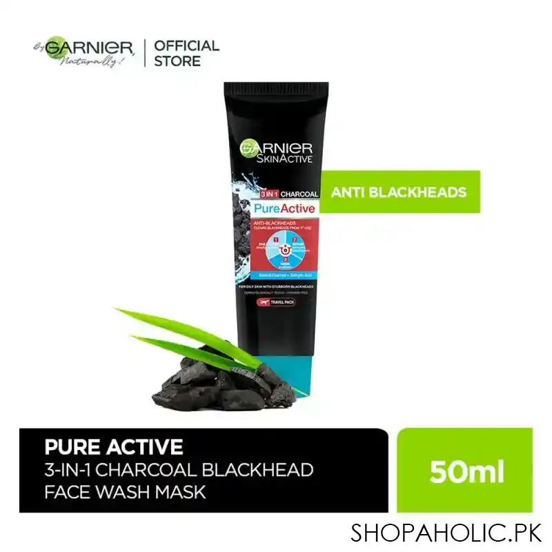 garnier skin active pure active anti blackheads 3 in 1 daily wash + scrub + mask, 50ml main image