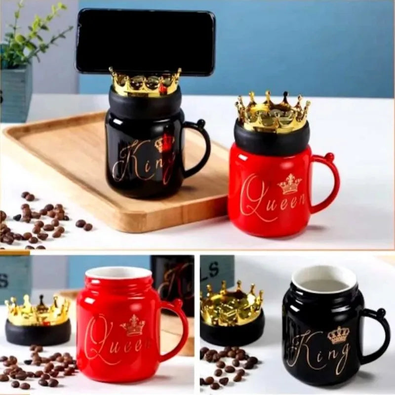 gold crown king queen couple ceramic mugs with lids image2