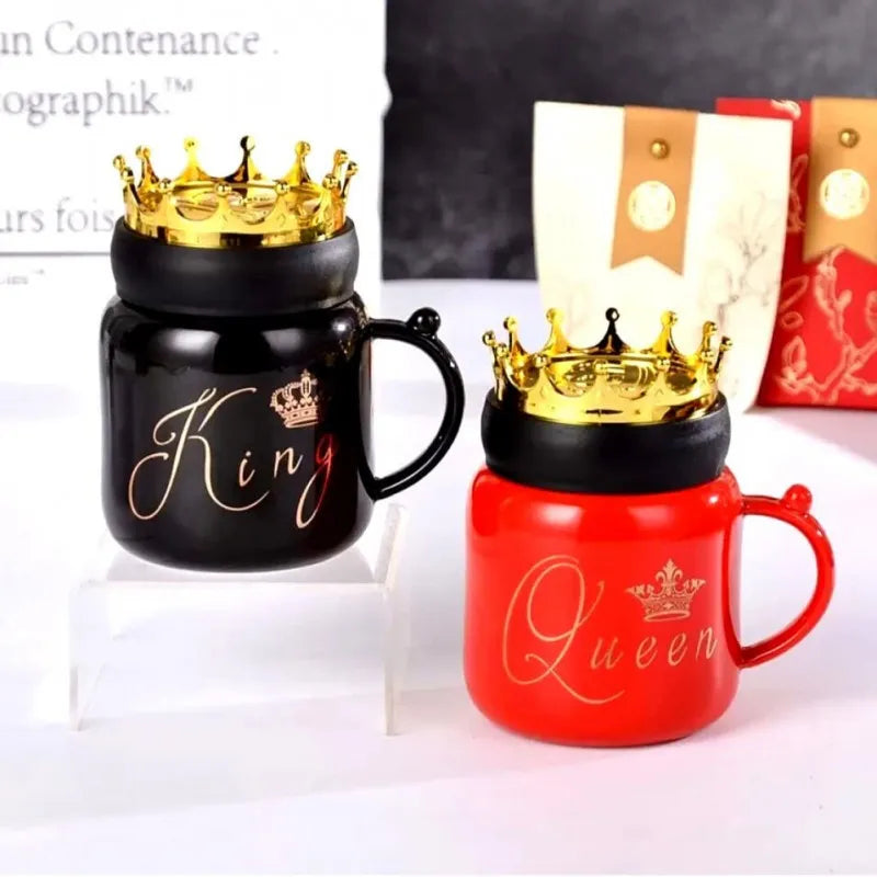 gold crown king queen couple ceramic mugs with lids image3