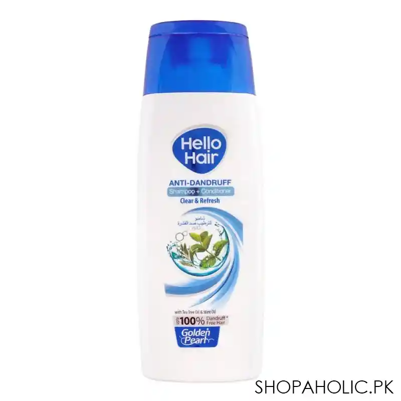 golden pearl hello hair anti dandruff shampoo + conditioner, clear & fresh with tea tree oil & mint oil, upto 100% dandruff free hair, 385ml main image