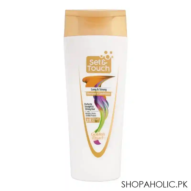 golden pearl set & touch long & strong shampoo + conditioner, perfectly straight & strong hair with keratin, biotin & milk protein, upto 3x stronger hair, 385ml main image