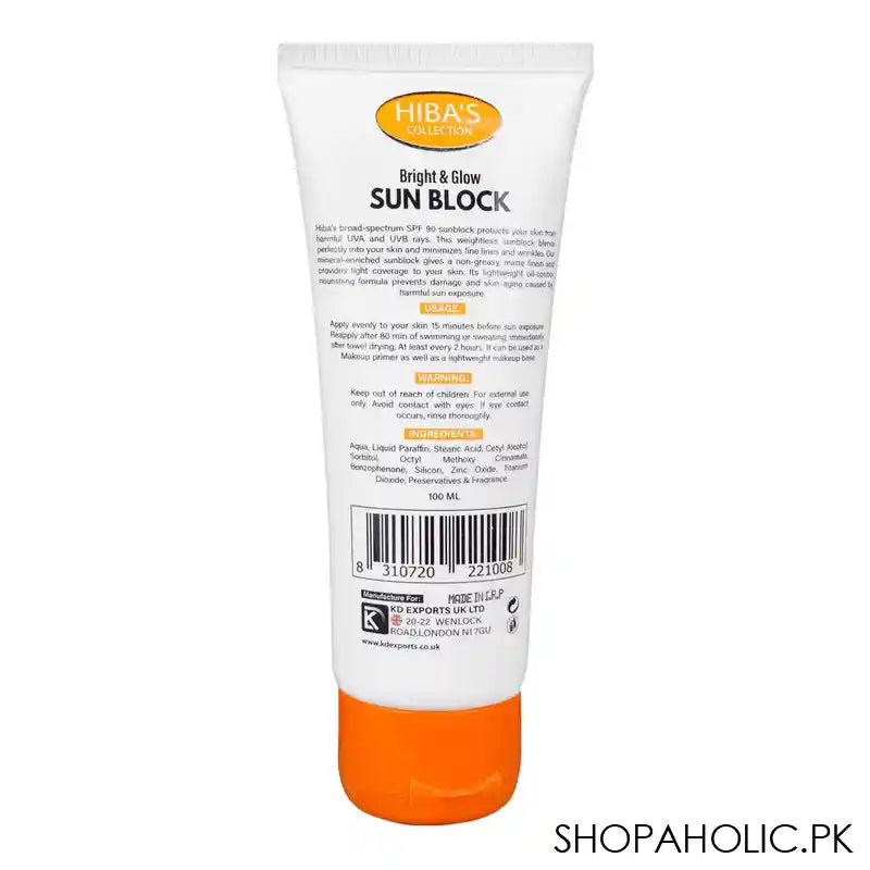 Hiba's Bright & Glow Sun Block, SPF 90+, Water Resistant, Safe For Sensitive Skin, 100ml - Image 3