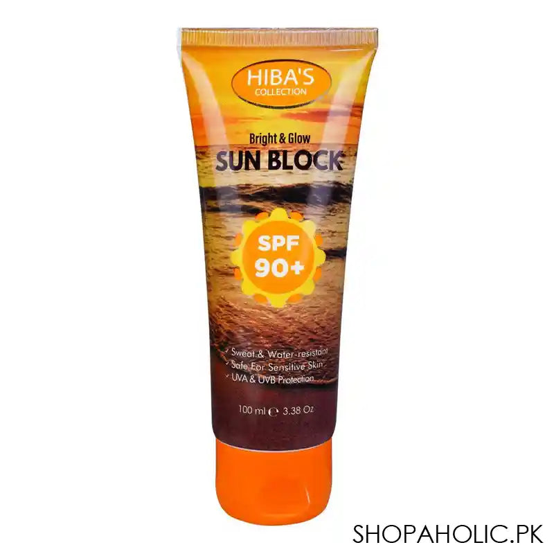 Hiba's Bright & Glow Sun Block, SPF 90+, Water Resistant, Safe For Sensitive Skin, 100ml - Main Image